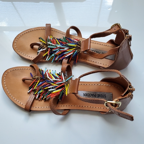 Steve Madden Shoes - Flat leather sandals beaded fringe 7.5 womens shoe